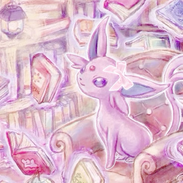 cropped and edited photo of an espeon card. espeon is sitting amongst some floating books. edited by @luv__ashie on pinterest.