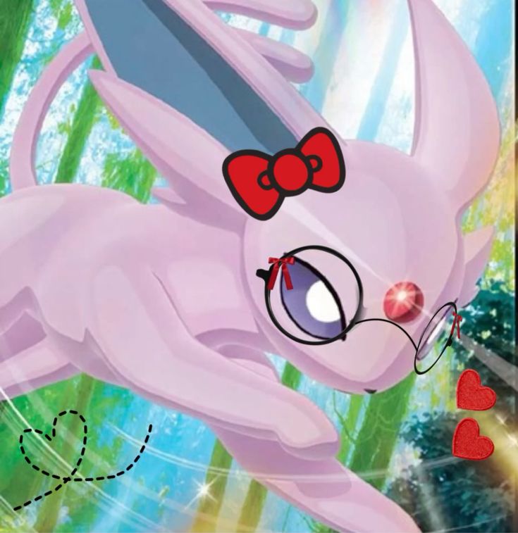 image of espeon jumping that is edited to have circle glasses and a hello kitty red bow.